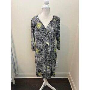 Apt. 9 Long Sleeve Black White Yellow Print Faux Wrap Dress Size Large NWT